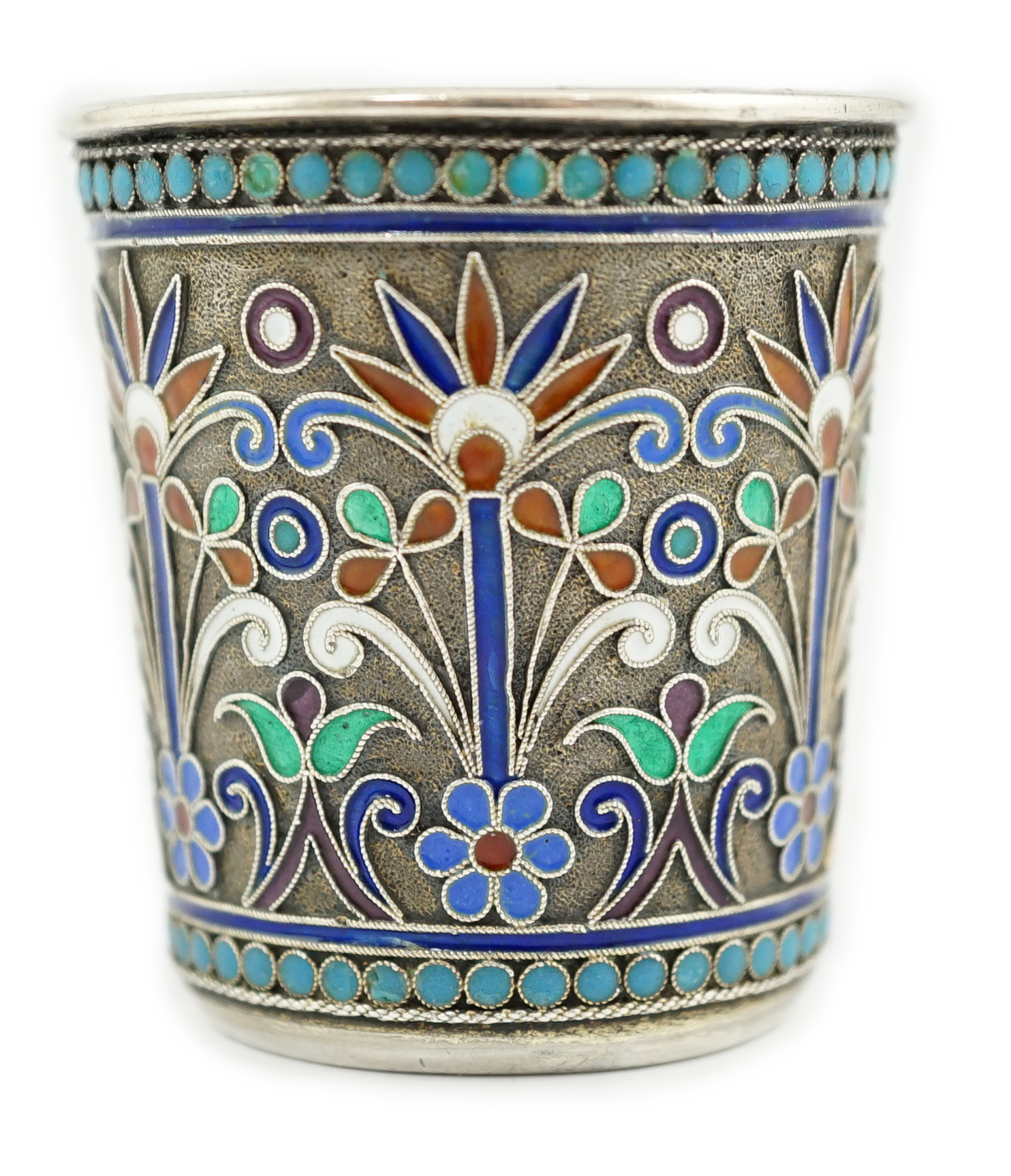 A late 19th century Russian 84 zolotnik silver and cloisonné enamel tot, assay master Anatoly Artsibashev